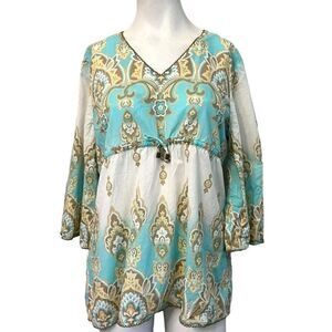 Harold's Women's Large V Neck Smock Top Blouse Pullover Tunic Turquoise Tan